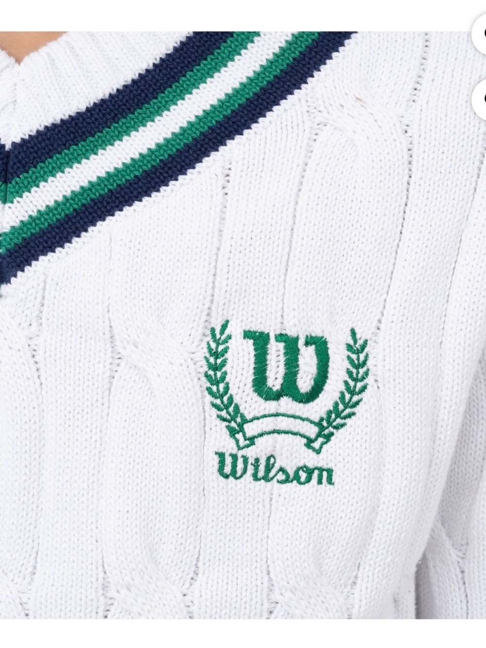 Wilson White Cable-Knit V-Neck Sweater with Green & Navy Stripes - Picture 4 of 11